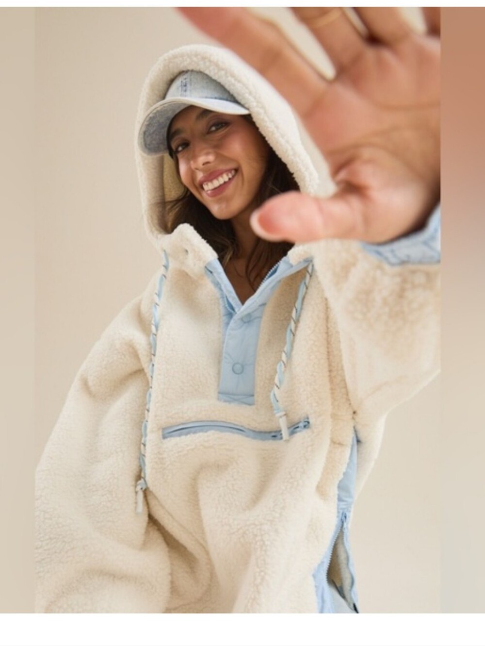 ARULA Cream Teddy Jacket with Light Blue Trim - Picture 6 of 7